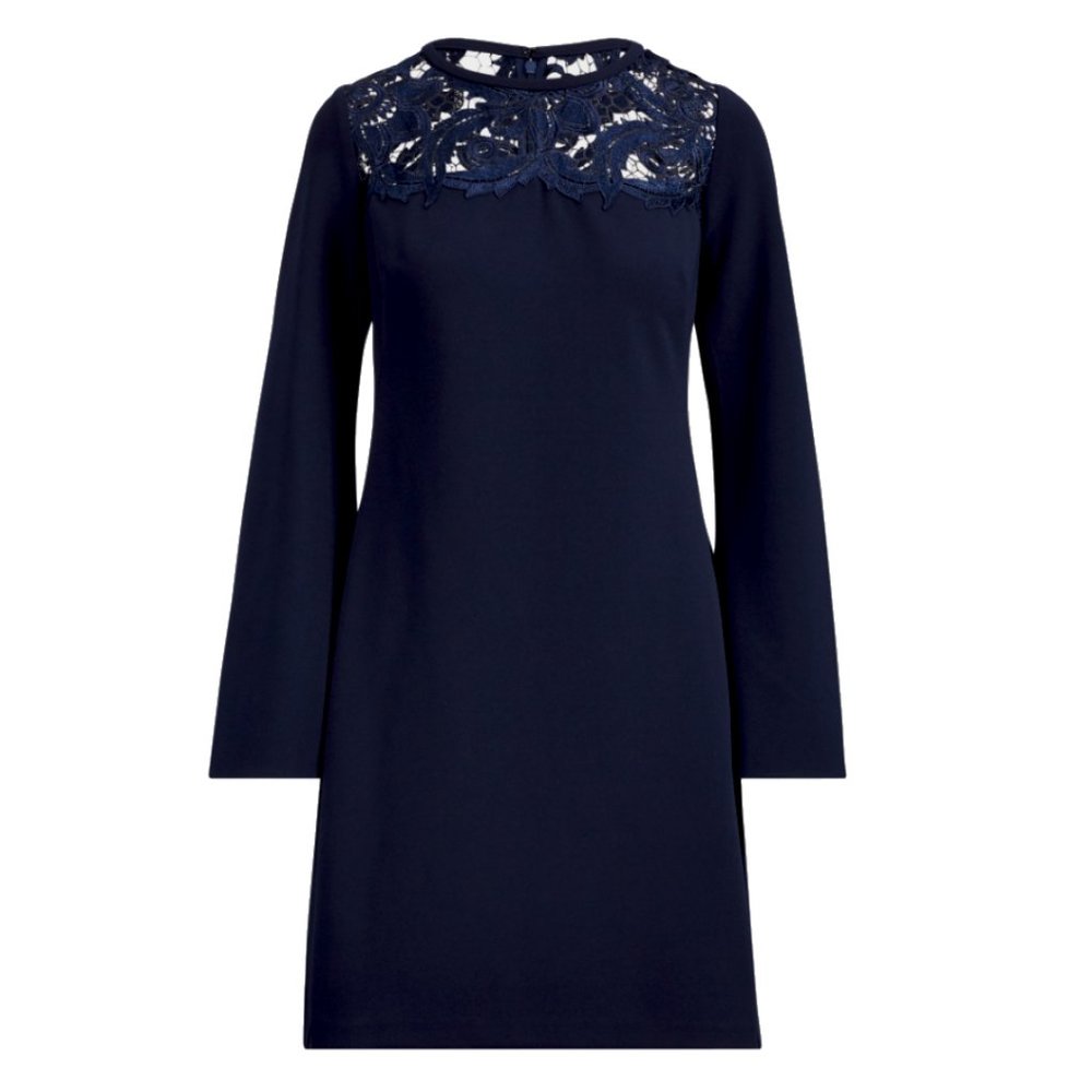 NWT Womens Size 6 Lauren Ralph Lauren LRL Navy Blue Lace-Yoke Crepe Shift Dress